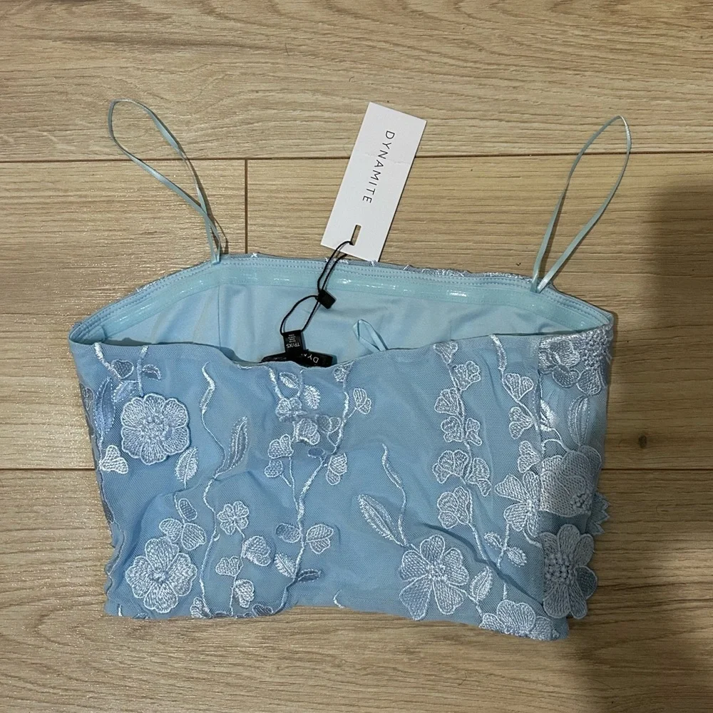 Dynamite Blue Floral Lace Strapless Top - Picture 2 of 3